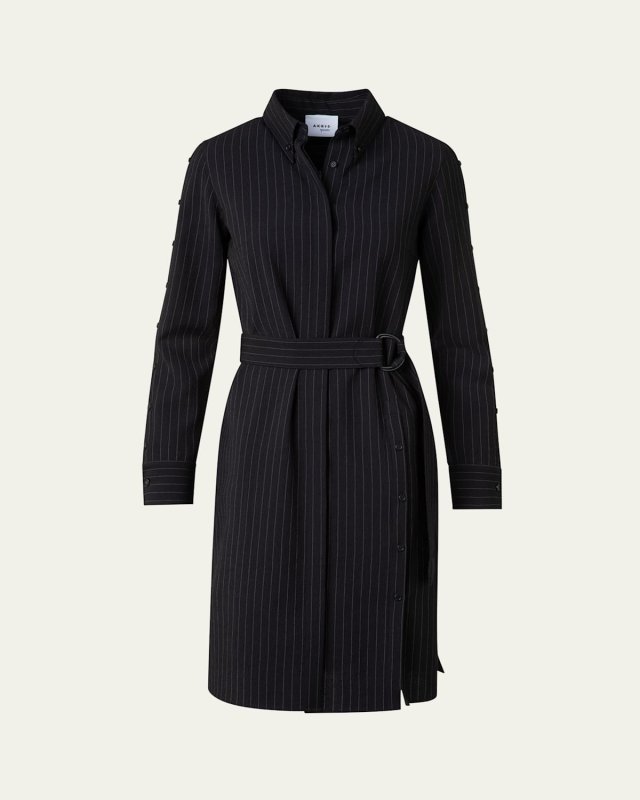 Pinstripe Belted Wool Shirt Dress
